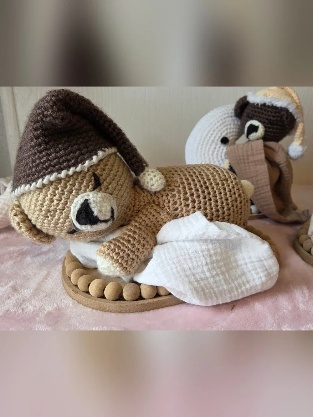 Handmade Baby Shower Centerpiece Crochet Sleeping Brown Bears with Blankets